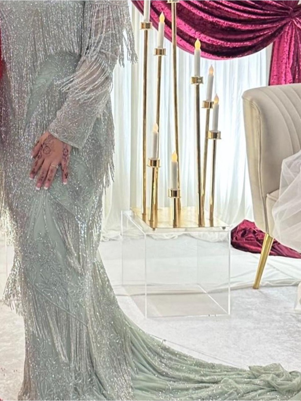 Embellished Fringe Prom Gown in Mint